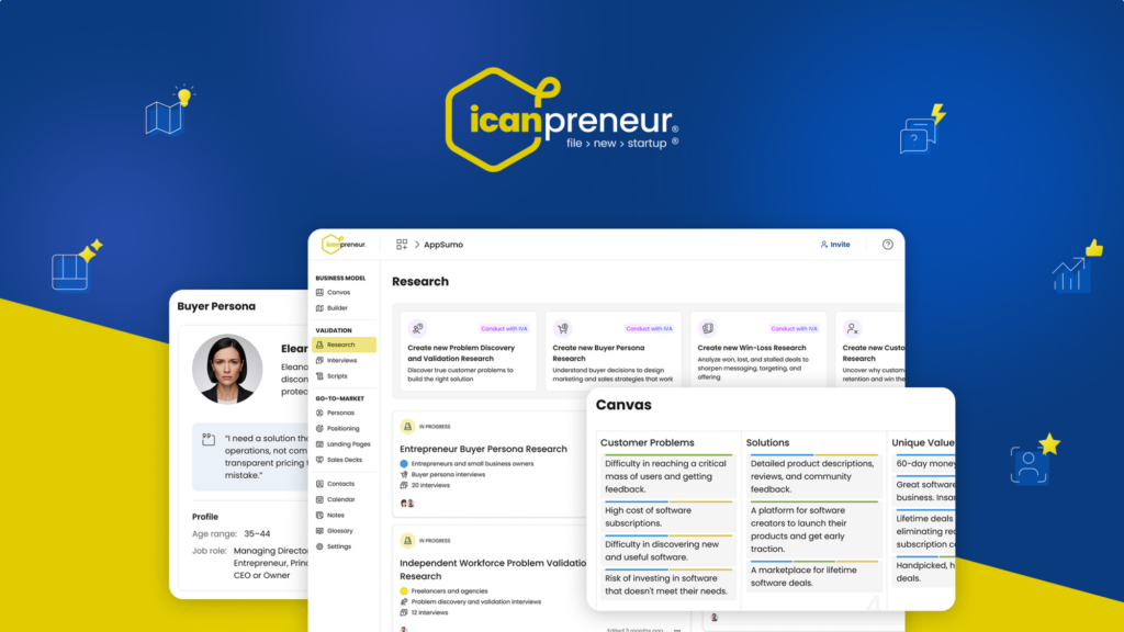 Icanpreneur: AI orodje za validacijo startup ideje — AppSumo LTD ponudba za $69 11 icanpreneur